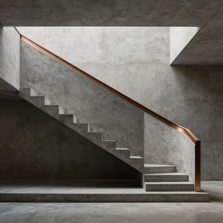 Minimalist architectural staircase in raw concrete, dramatic shadows, industrial luxury with bronze accents #B08D57.