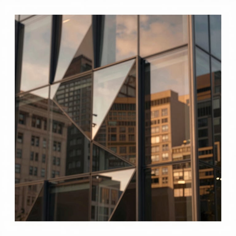 Geometric glass facade reflecting an urban landscape with metallic bronze #B08D57 hues.