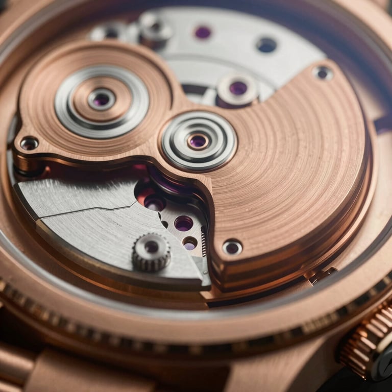 Macro shot of a luxury watch movement parts, technical and precise, bronze #B08D57 and steel textures.