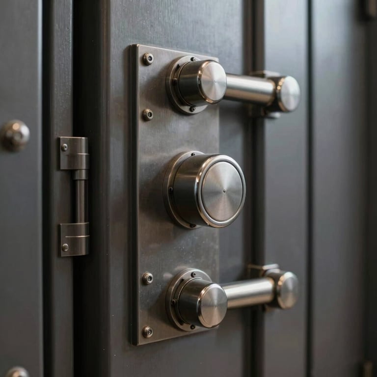 Close-up of a high-end vault door mechanism, dark steel #1A1C1E, professional and secure vibe.