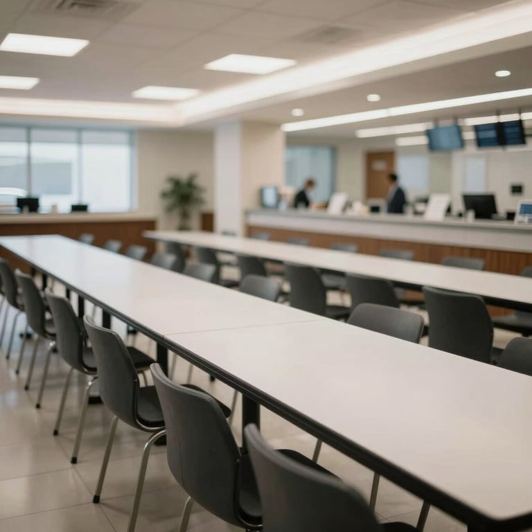 A sparkling clean corporate cafeteria with polished surfaces and bright lighting.