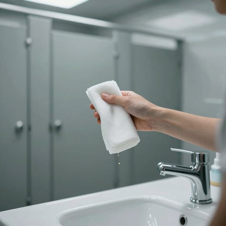 Detail of a clean industrial-style office restroom highlighting hygiene and freshness.
