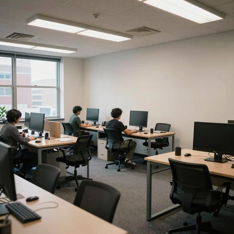 A wide shot of a sanitized and organized co-working space in Long Island City.
