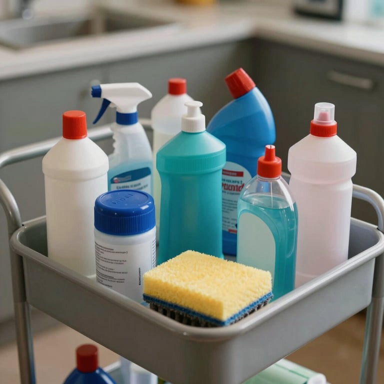 Close-up of high-quality cleaning supplies and equipment organized on a professional janitorial cart.