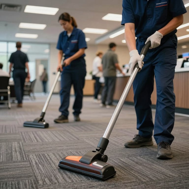 Professional janitorial staff vacuuming a high-traffic commercial carpet area with precision.