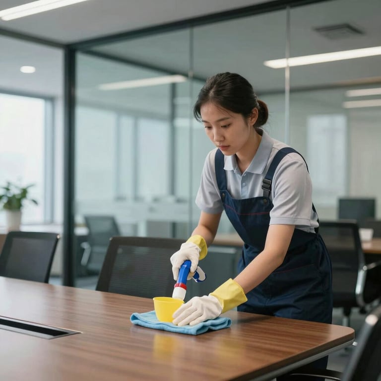 A professional cleaner sanitizing a glass-walled conference room in a North American office building.
