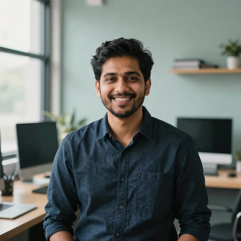 Professional, warm portrait of Anuj Victor Hansdak, a brand strategist, smiling in a clean modern creative studio, soft daylight, 35mm
