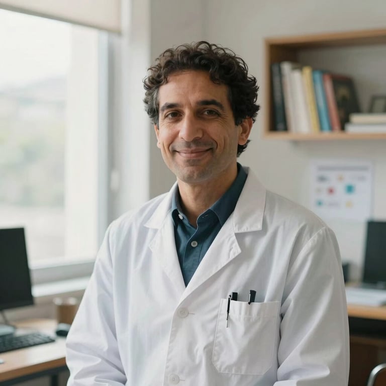 Professional, warm portrait of Ben Ghale, a medical researcher, smiling gently in a bright, modern office with books and research papers in the background, soft natural window light, 35mm