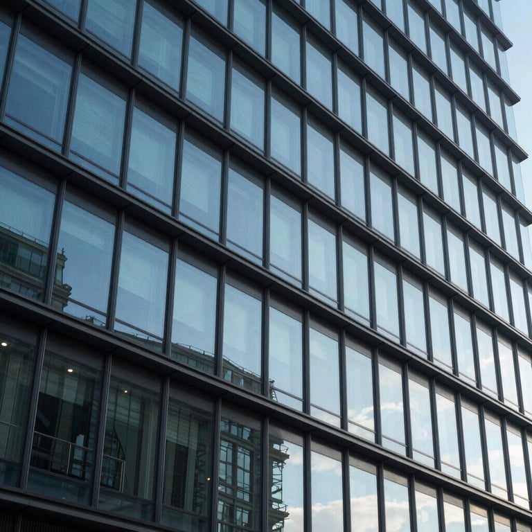 Abstract architectural shot of a modern glass and steel building reflecting a clear blue sky.