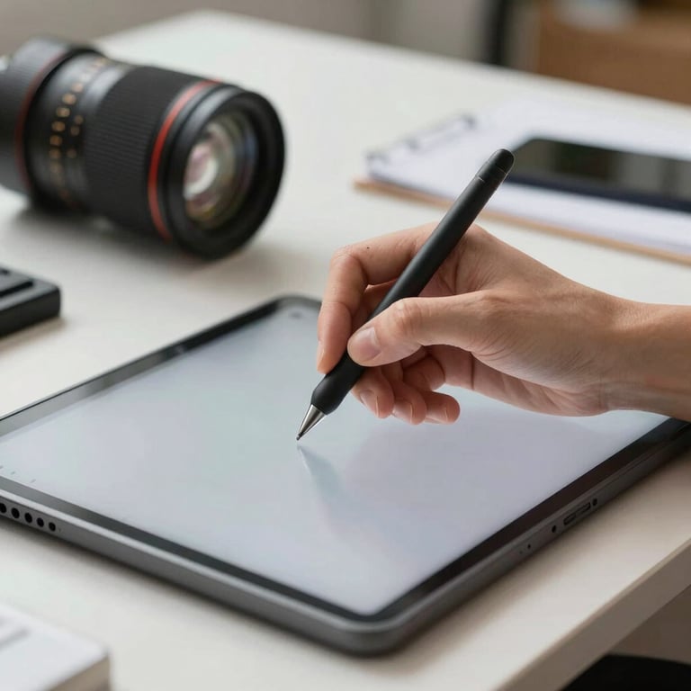 Detail shot of a creative designer's hands using a professional tablet and stylus in a bright office.