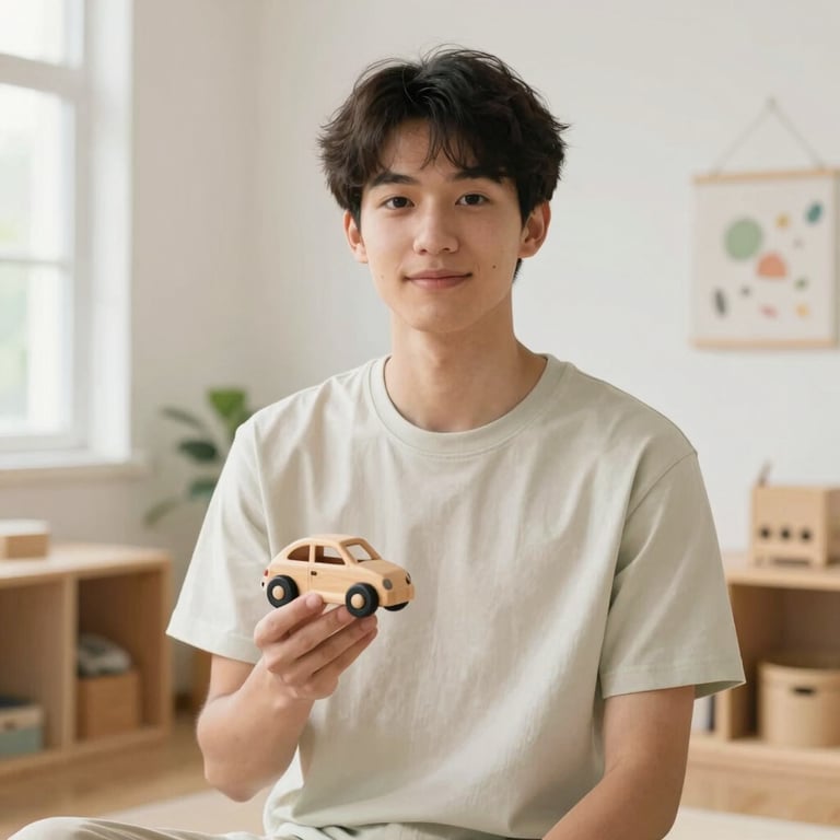 Warm lifestyle portrait of Aaron, a young male teacher, holding a wooden toy car in a bright playroom, soft natural light, 35mm