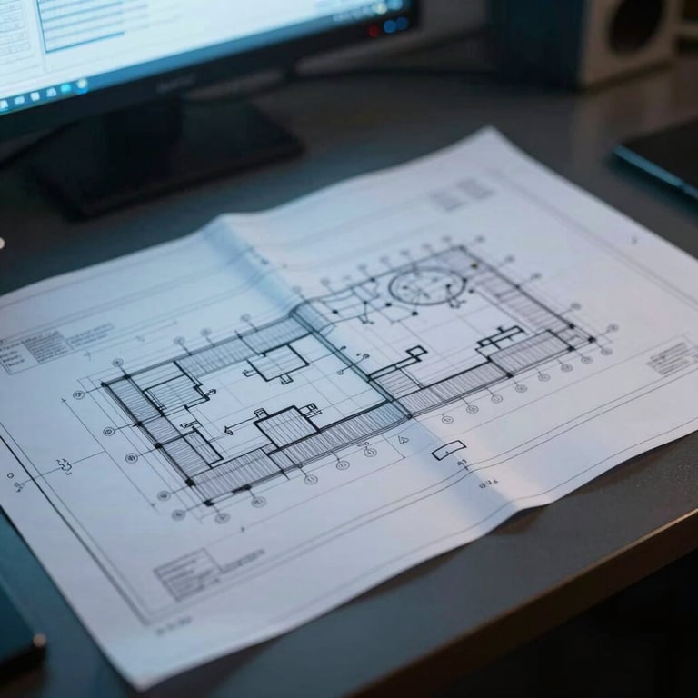 Close-up of technical blueprints and system architecture diagrams laid out on a dark desk, illuminated by cool blue screen glare