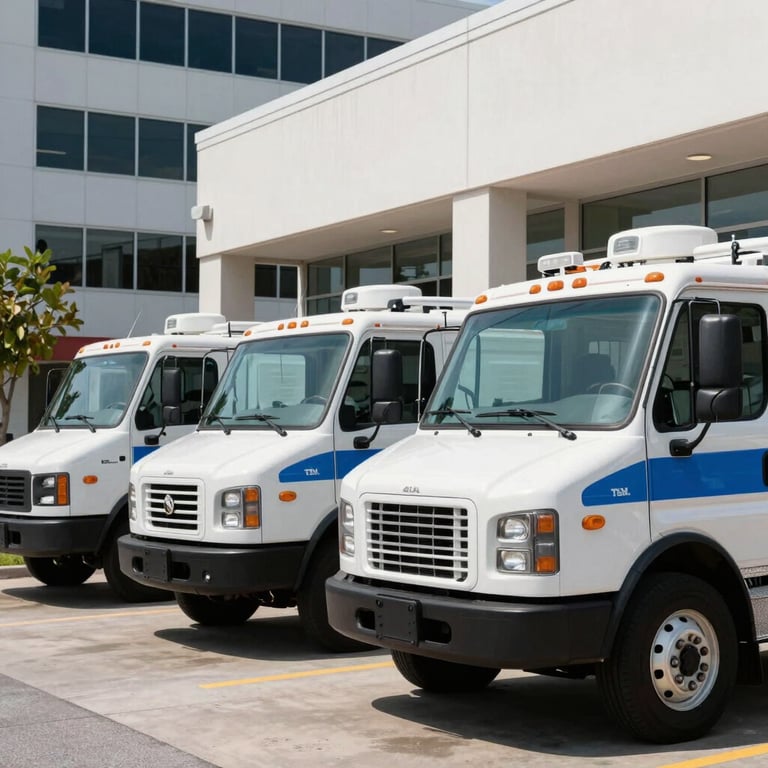 A fleet of clean, white and blue plumbing service trucks parked in front of an Orlando business office.