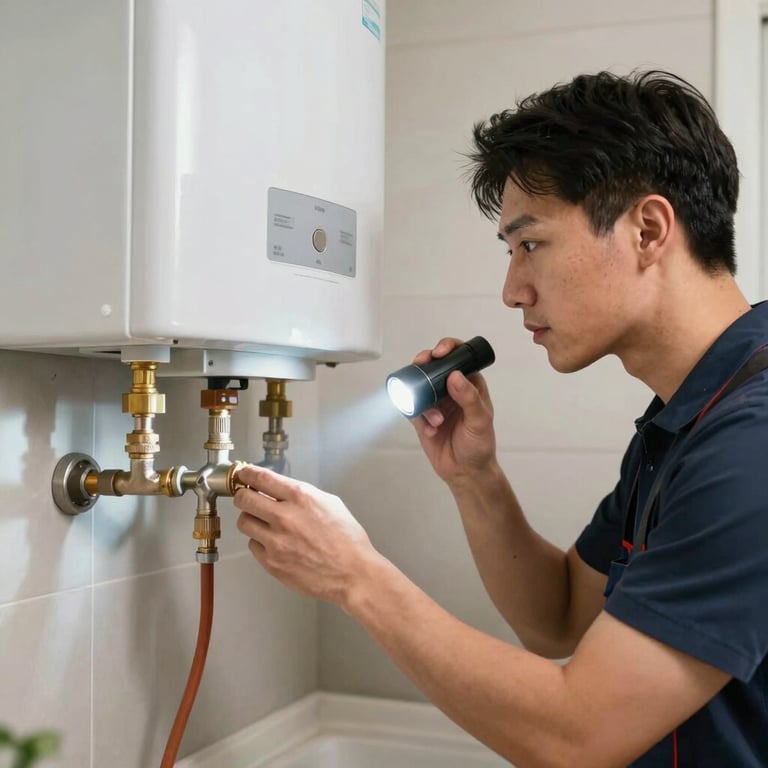 A professional plumber in a North American home inspecting a modern water heater with a flashlight.