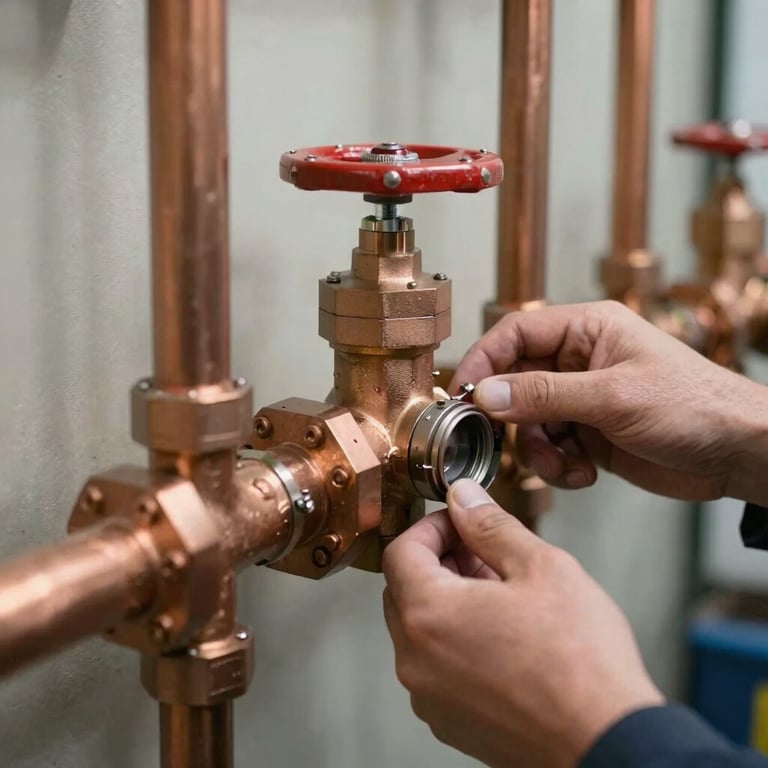 Close up of professional grade copper piping and valves installed with expert precision in a utility room.