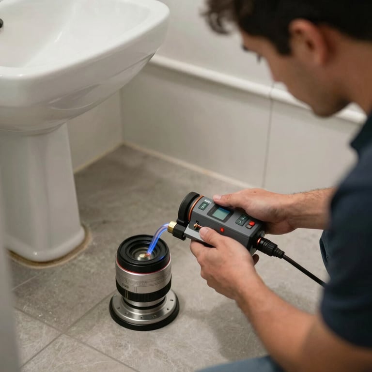 A technician using high-tech leak detection equipment on a residential bathroom floor.