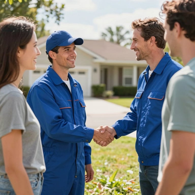 A friendly plumber in a blue uniform shaking hands with a satisfied homeowner in a sunny Orlando suburb.