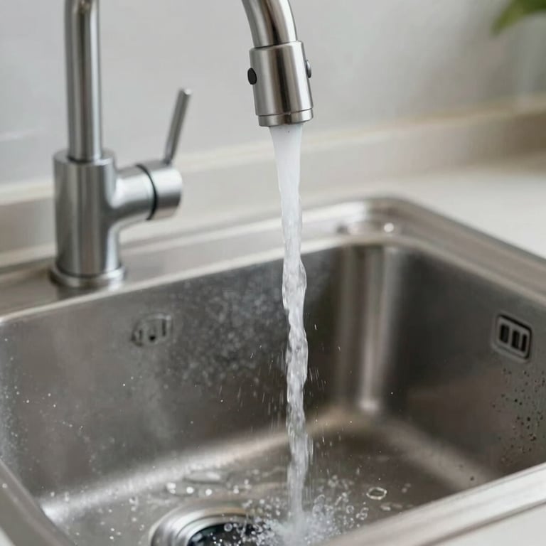 Detailed photography of a new faucet installation with water flowing perfectly into a stainless steel sink.