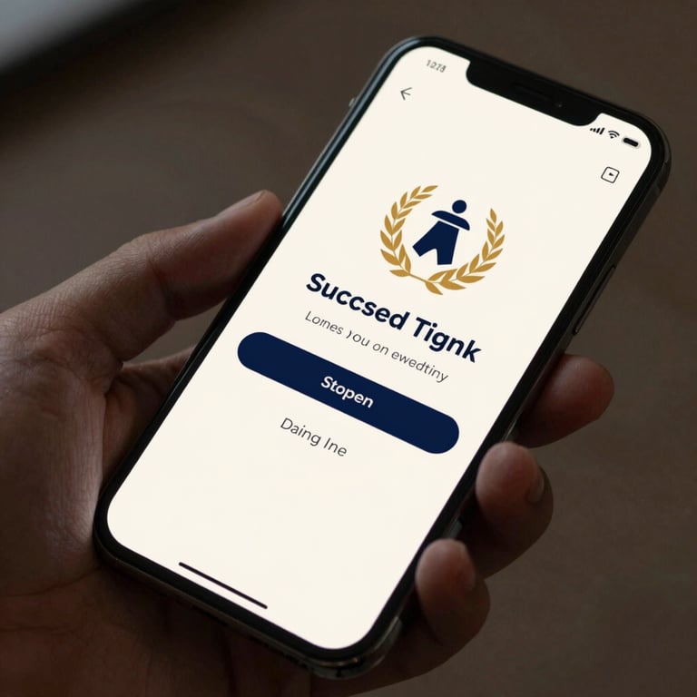 Close up of a hand holding a smartphone showing a successful login screen with a professional interface in soft off-white and dark navy.