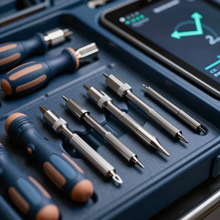 Detailed macro shot of a technician’s toolkit including precision drivers and a tablet displaying a connectivity signal. Colors: dark navy and steel blue.
