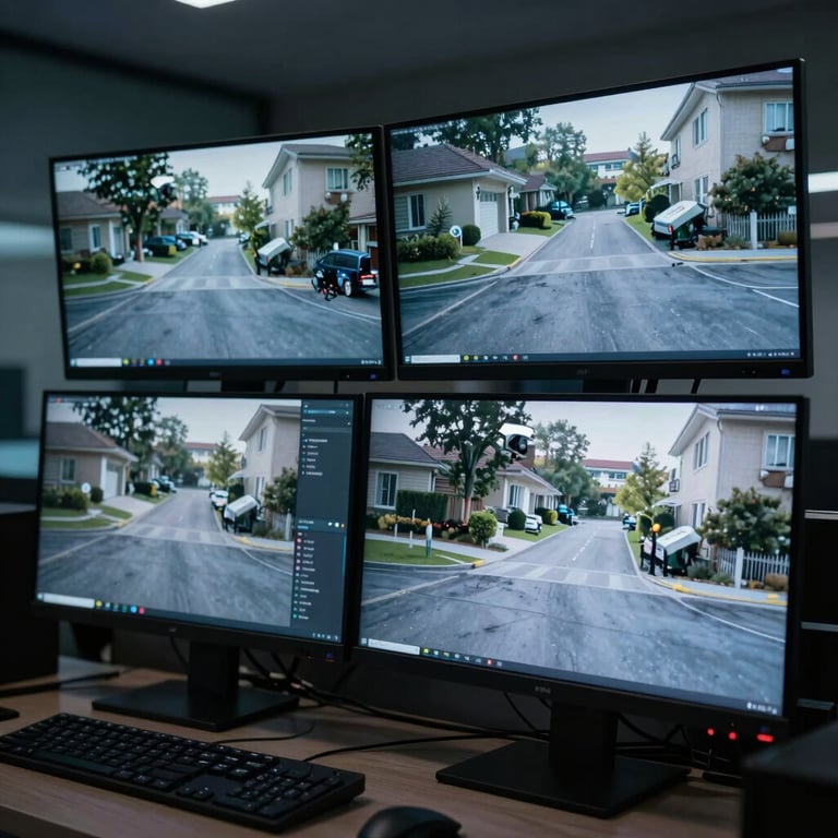 A professional workstation featuring multiple monitors showing clear security camera views of a residential area. Lighting is cool and modern.