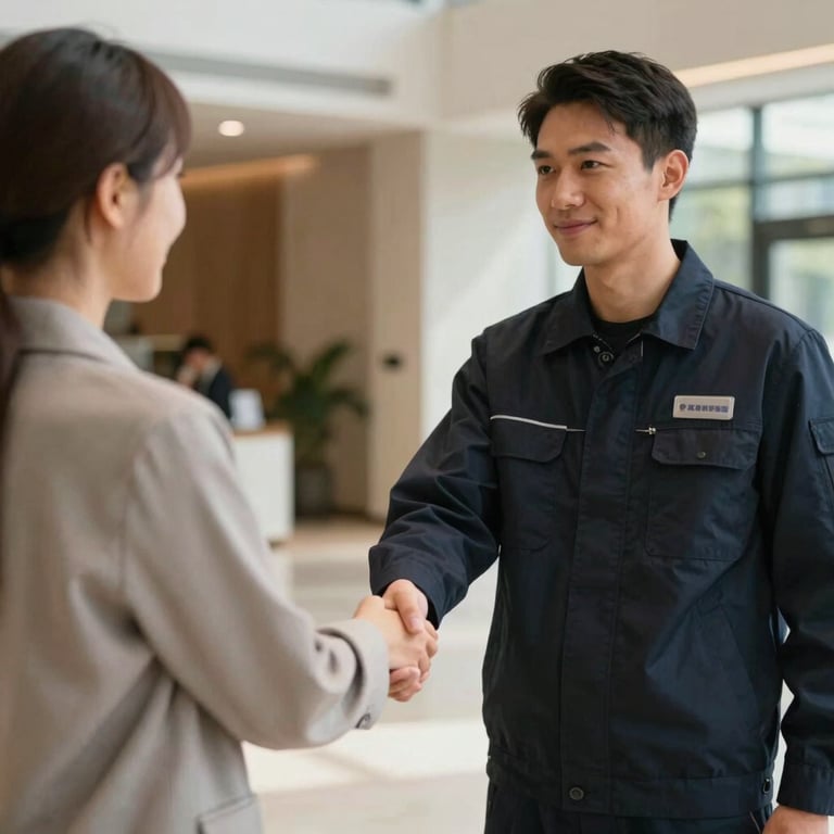 A technician in a dark navy uniform shaking hands with a customer in a well-lit foyer, representing trust and professionalism.