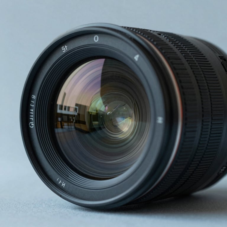 An abstract, high-quality photograph of a smart camera lens reflecting a clean, modern home environment in muted blue-grey tones.