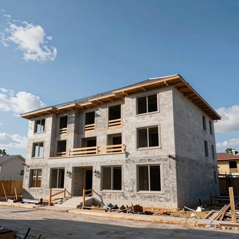 Wide shot of a completed luxury construction project under a bright blue sky in the South of the US.