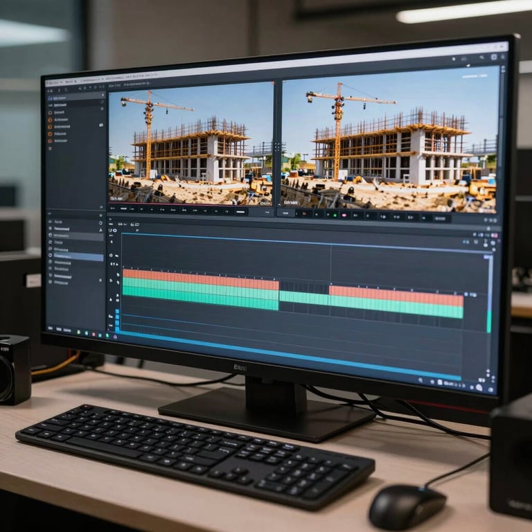 Professional workstation showing high-end video editing of a construction project for marketing purposes.