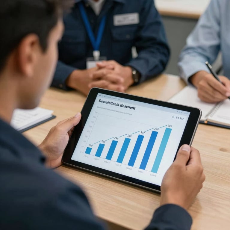 A close-up of a strategy meeting with a Hispanic contractor, focusing on a tablet showing social media growth charts.