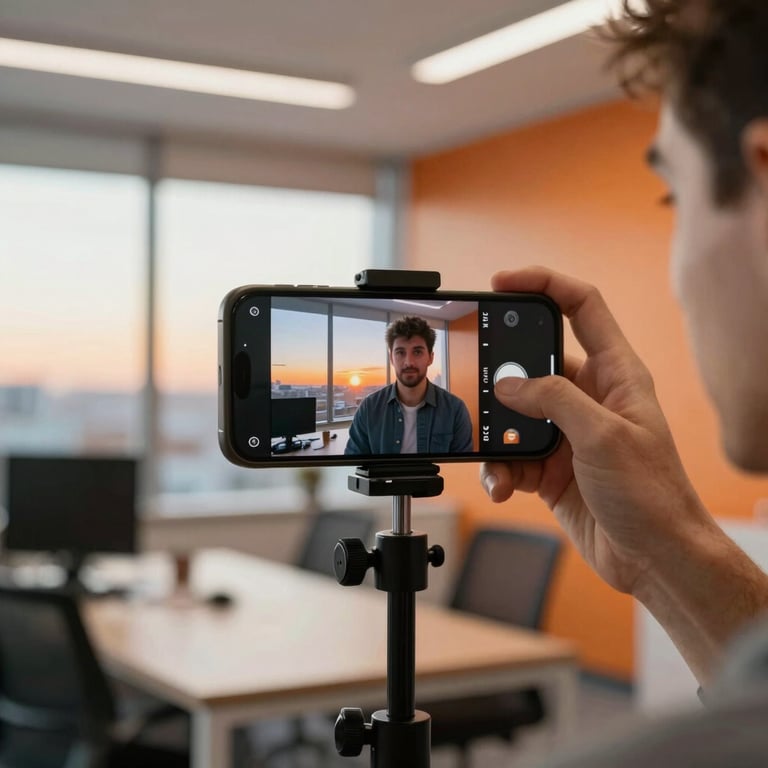 Dani recording a educational Reel on a smartphone in a bright modern office, Deep Sunset Orange accents in background.