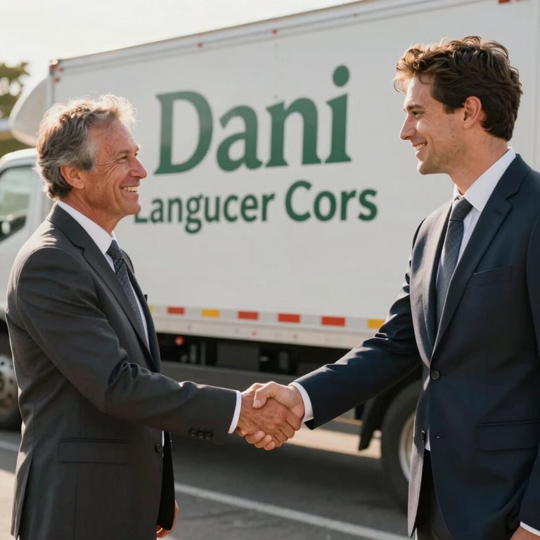 Dani shaking hands with a happy business owner in front of a branded landscaping truck, warm natural light.
