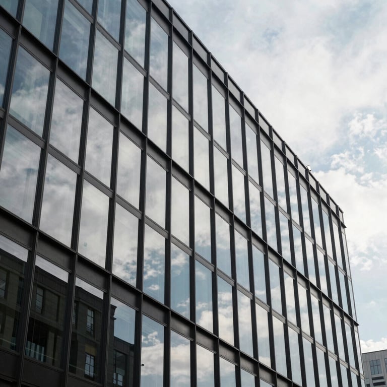 An architectural shot of a modern office building with glass windows reflecting a soft cloud white sky.