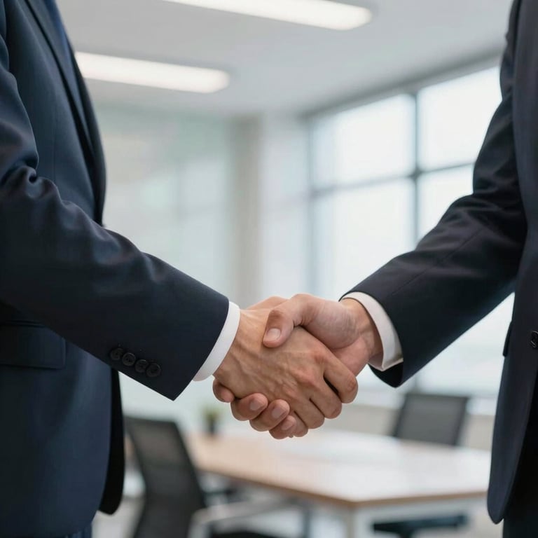 A professional shaking hands in a bright, modern office setting, symbolizing trust and reliability.