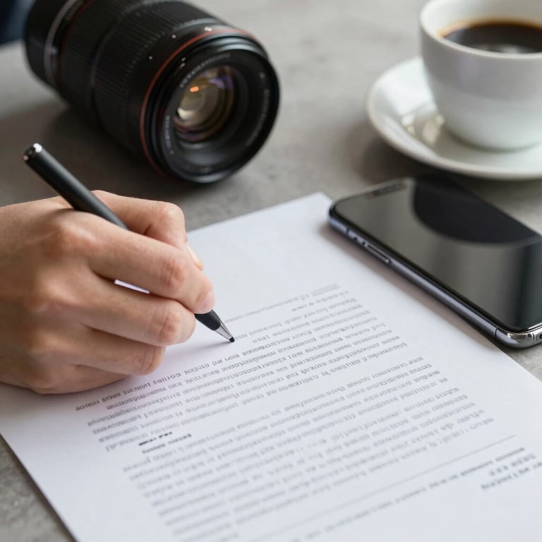 Detail shot of a hand signing a document next to a modern smartphone and a cup of coffee.