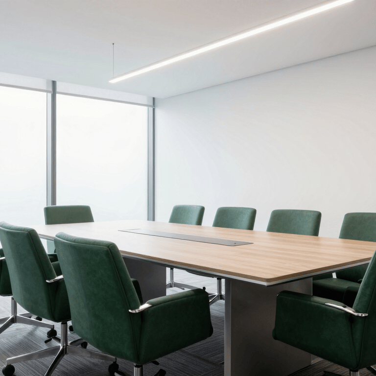 A focused professional looking at a tablet screen in a bright, modern lobby with slate teal pillars.