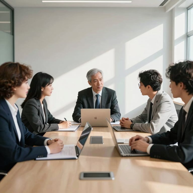 A team meeting in a sunlit conference room with a professional and productive atmosphere.