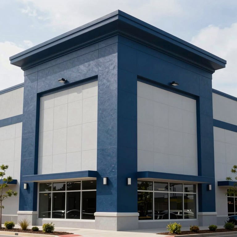 Large commercial building in Tampa with a professional navy blue and light gray exterior paint scheme, modern style.