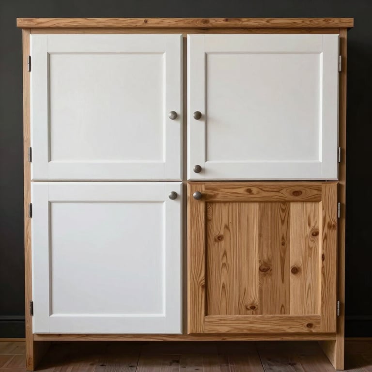 Before and after comparison of kitchen cabinets being painted from old oak to a modern semi-gloss white finish.