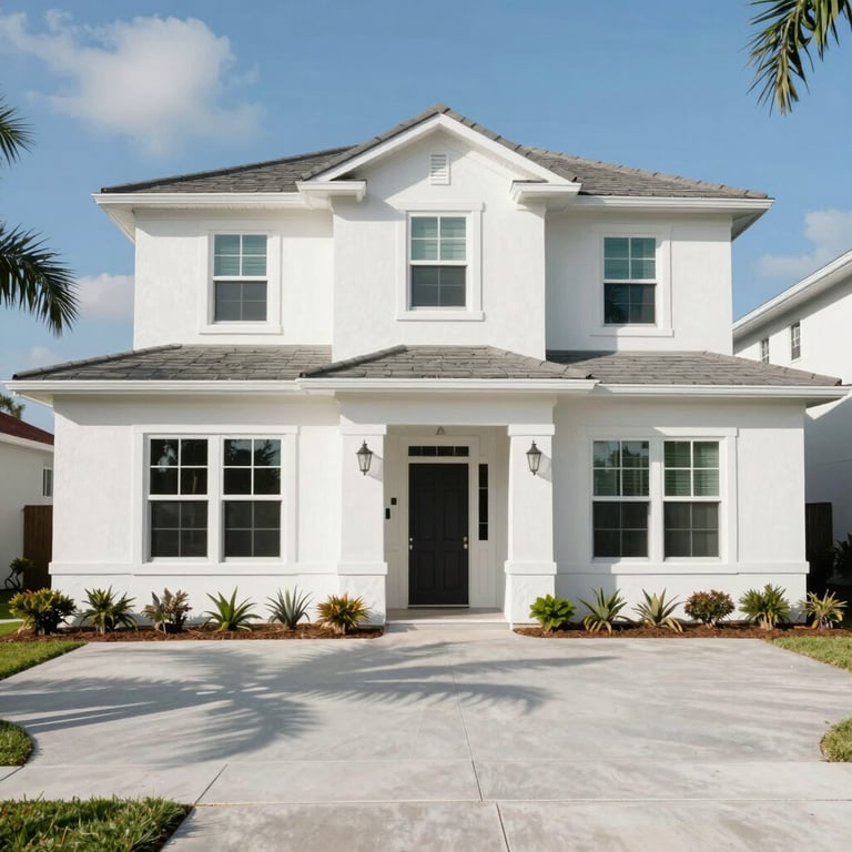 Exterior of a suburban home in Sarasota, Florida, with fresh white paint and clean lines, North American / Florida, US.