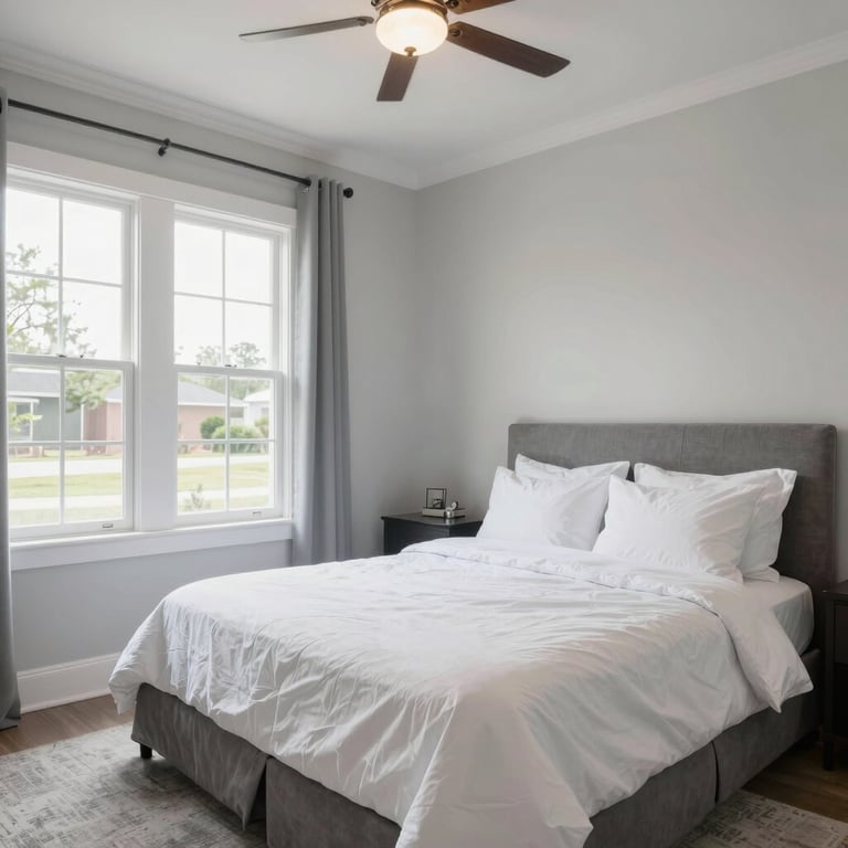 Modern interior bedroom in a Bradenton home with light gray walls and white crown molding, bright natural lighting.