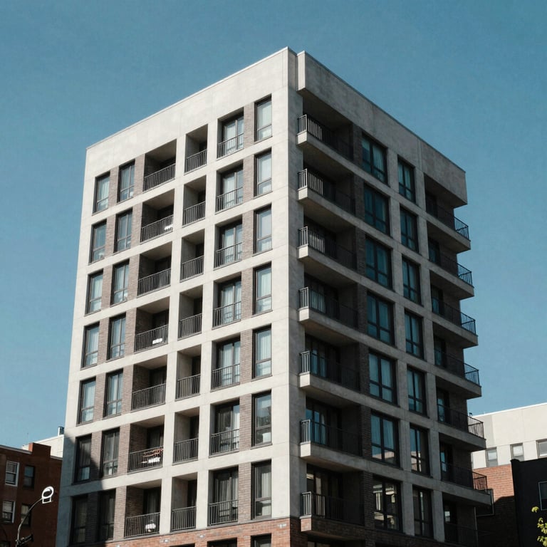 A modern apartment building exterior in a North American city on a clear sunny day.