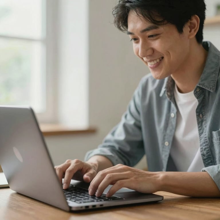 A person smiling while working on a laptop, analyzing job offers, bright room, professional photography.