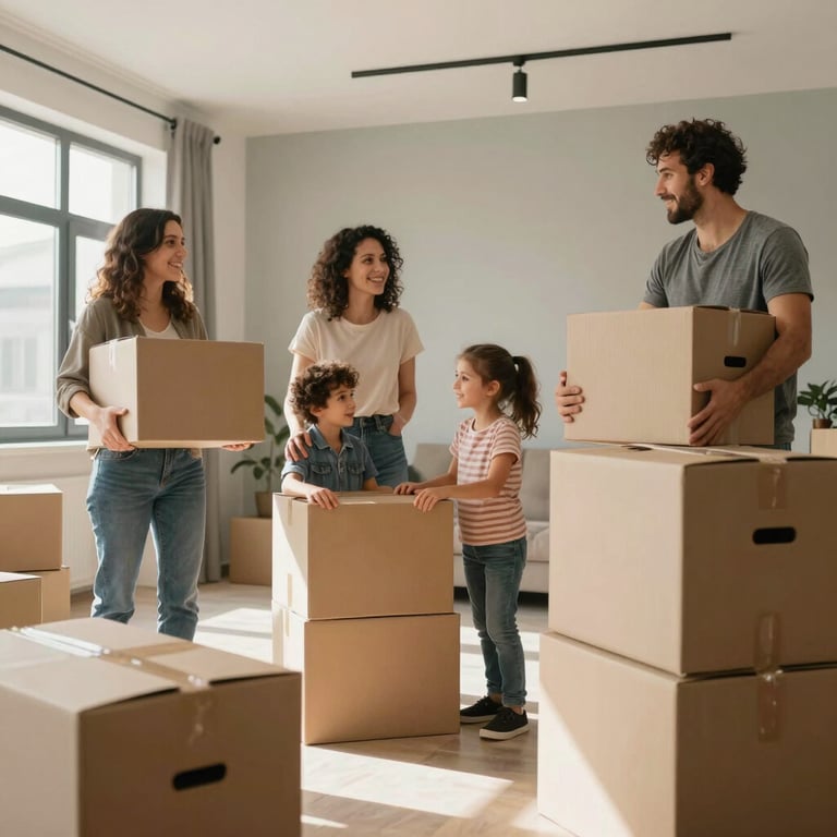A Turkish / North American family unpacking boxes in a modern new home, natural sunlight, optimistic atmosphere.