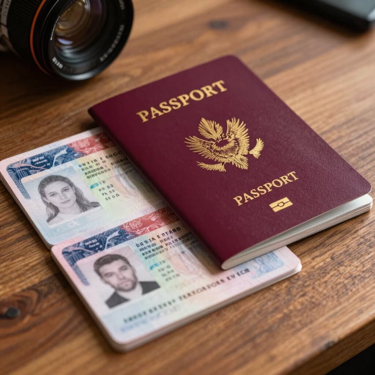 Passport and visa documents arranged neatly on a wooden desk, warm lighting, professional photography, hopeful mood.