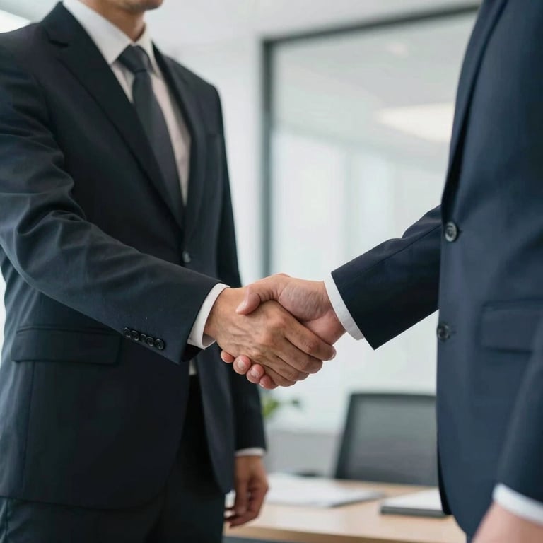 Two professionals shaking hands in a corporate office, bright, trustworthy, representing successful job hunting.