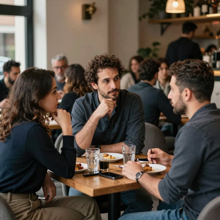 People networking and socializing in a cozy café, Turkish / North American, relaxed, depicting social life.