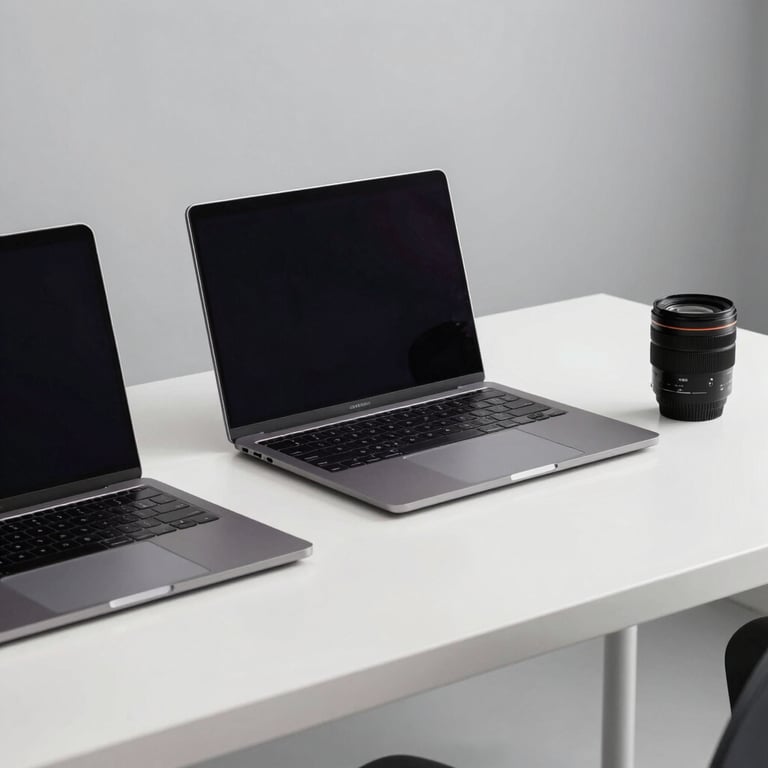 A clean, minimalist desk setup featuring a laptop and digital devices in a workspace with a light gray background.