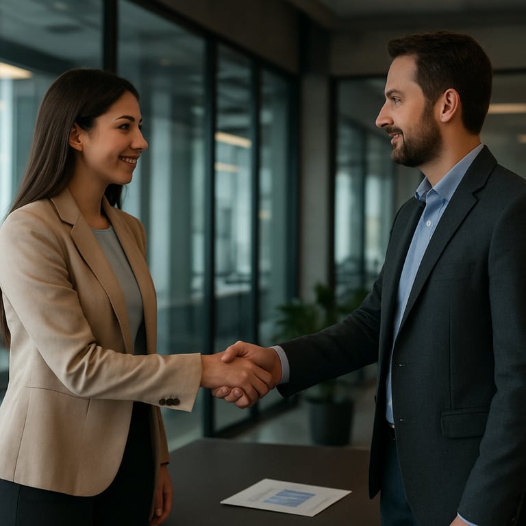 Two digital marketing professionals shaking hands in a sleek, modern office environment.