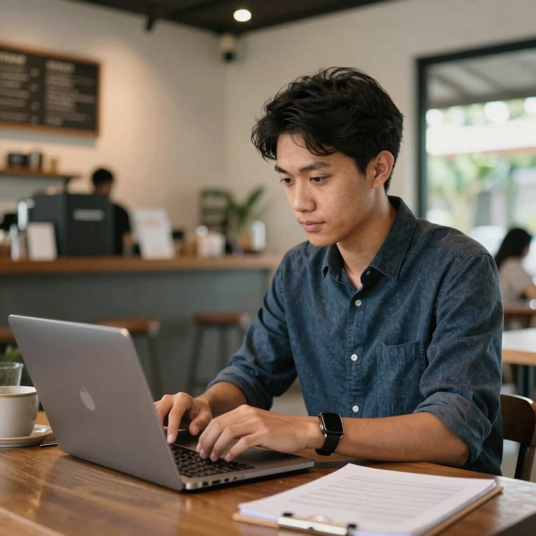 A young professional working on social media strategies in a modern, bright coffee shop in Bali.